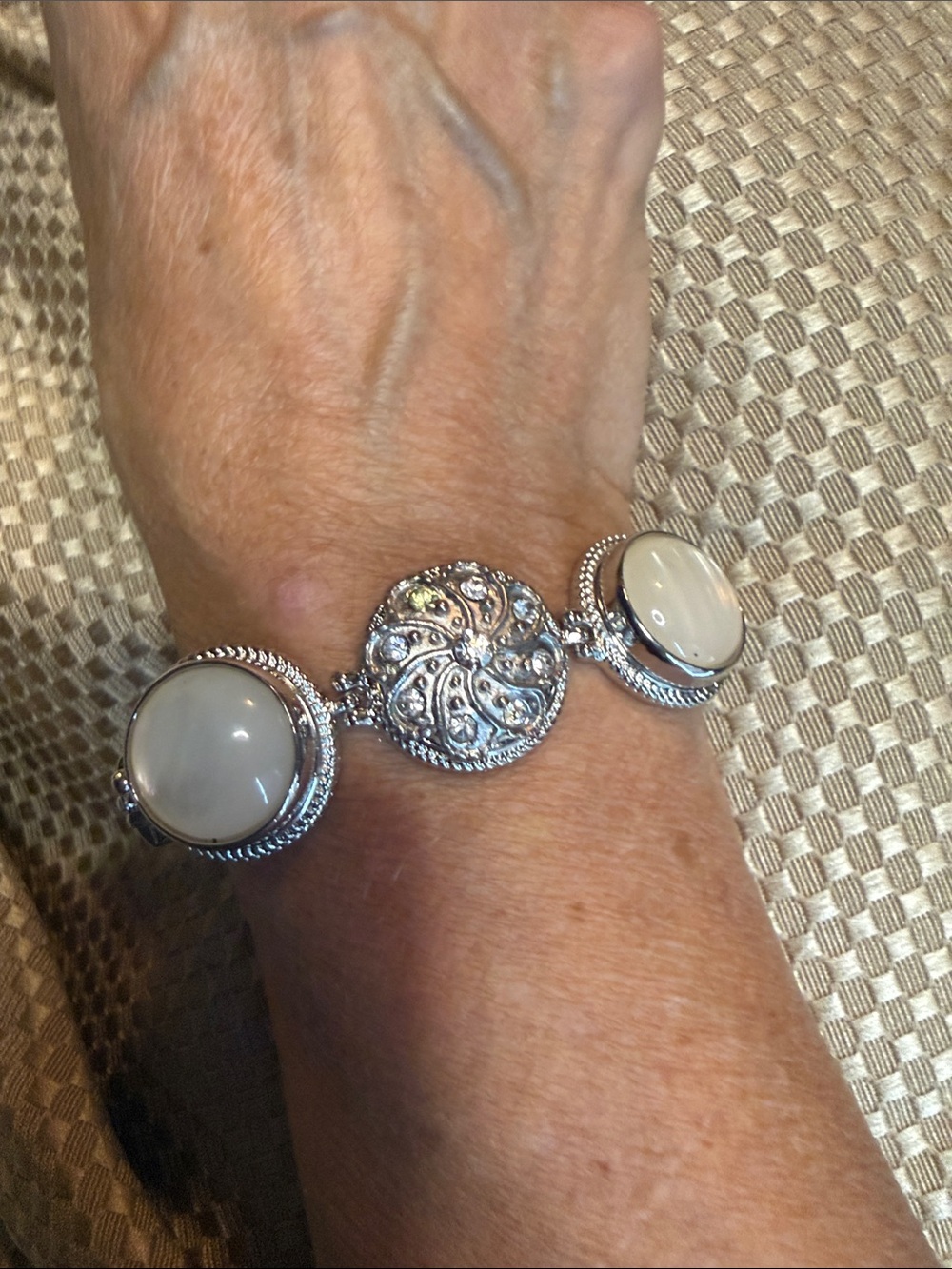 3 Snap Silver-Tone Bracelet with White Cabochon Accents